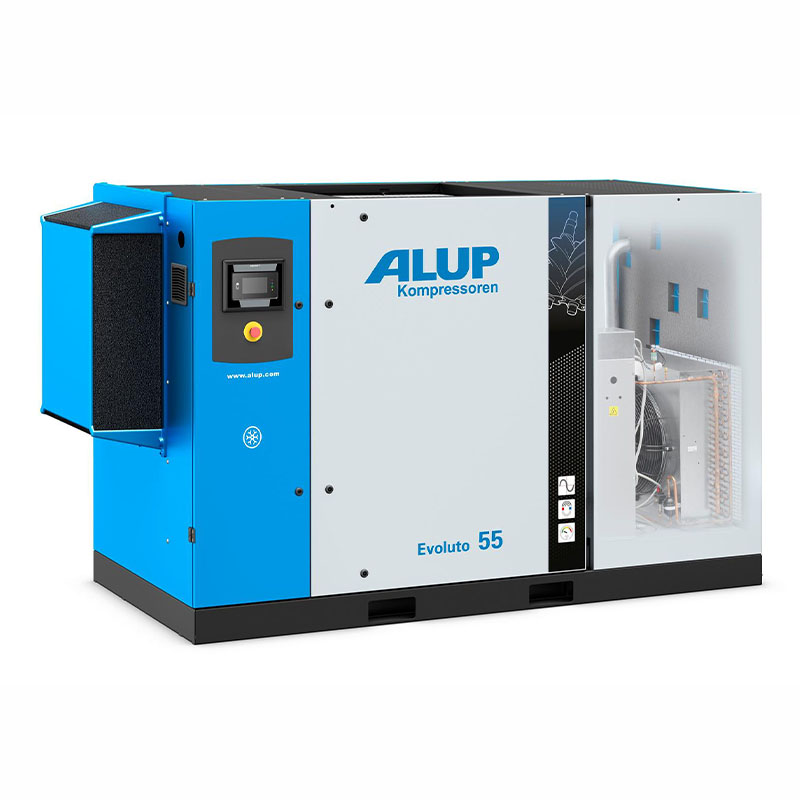 Kompresor śrubowy w niebieskiej obudowie firmy Alup model Evoluto 55
