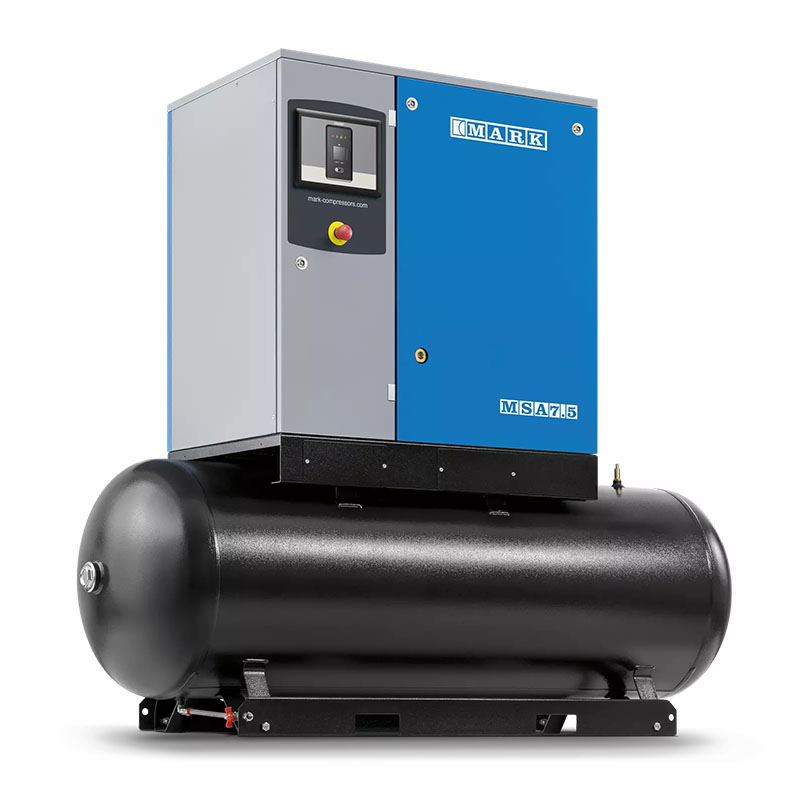 Kompresor śrubowy w niebieskiej obudowie firmy Mark model MSA 75