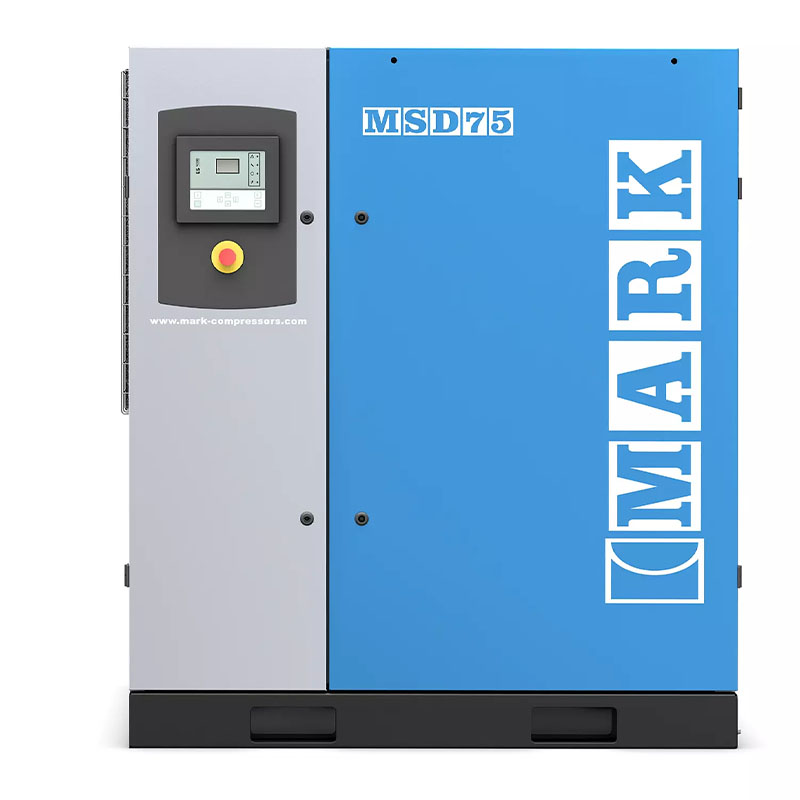 Kompresor śrubowy w niebieskiej obudowie firmy Mark model MSD 75