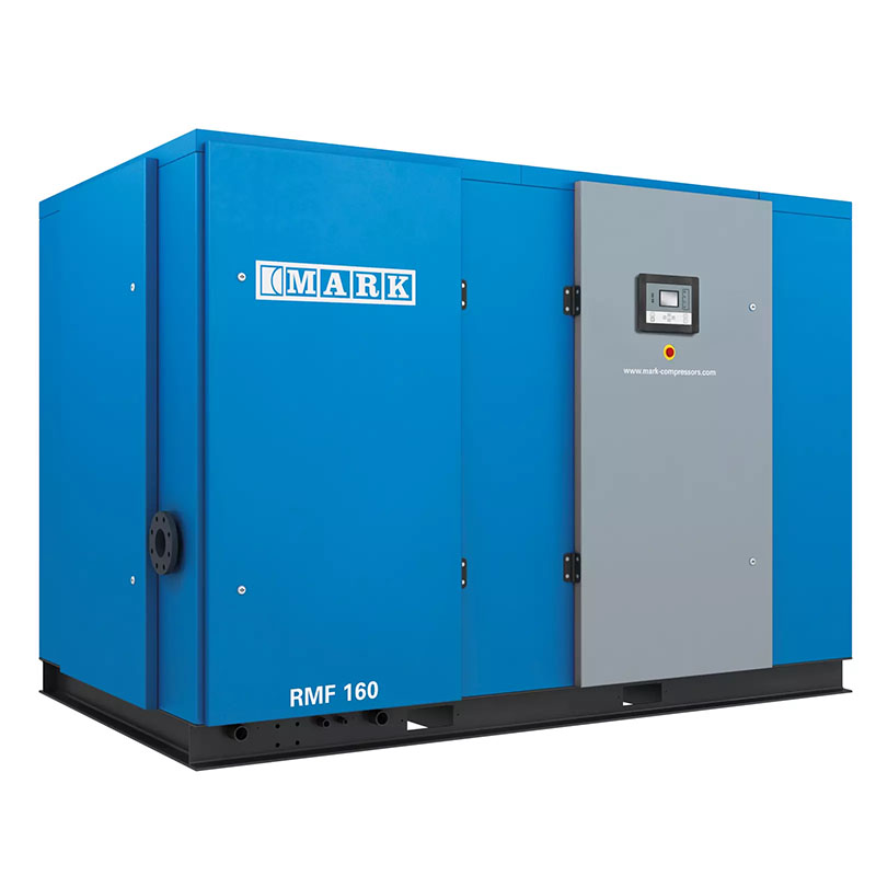 Kompresor śrubowy w niebieskiej obudowie firmy Mark model RMF 160