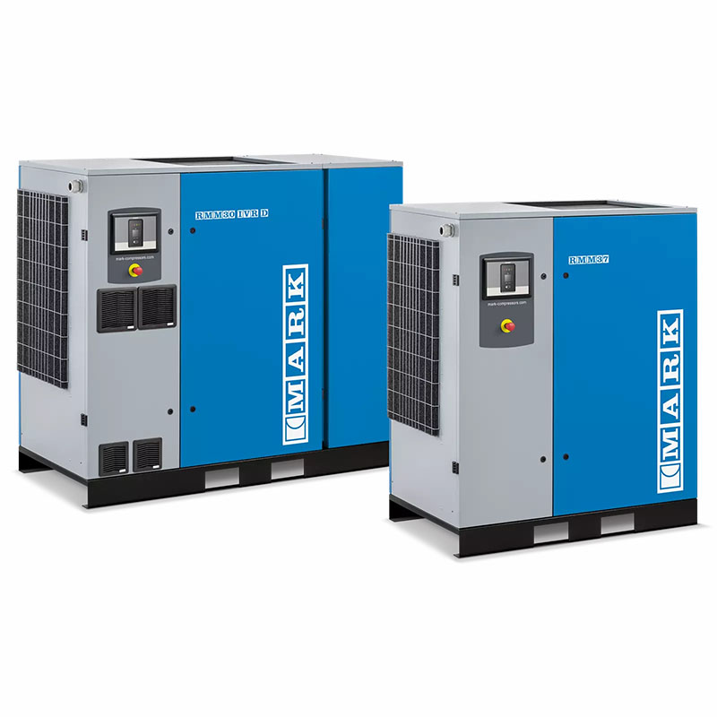 Kompresor śrubowy w niebieskiej obudowie firmy Mark model RMM 30